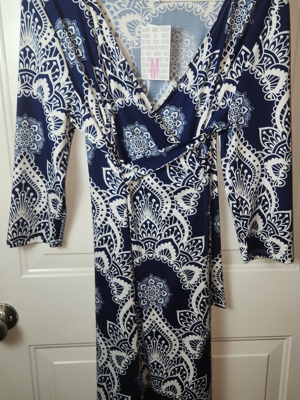 LuLaRoe Michelle Women's Navy Blue and White Floral Print Wrap Dress Size M